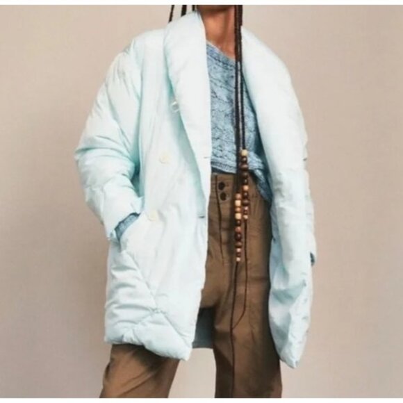 Free People Ella Puffer Jacket Sz M Blue Button Front Pockets Cozy NWT $168 - Picture 1 of 14
